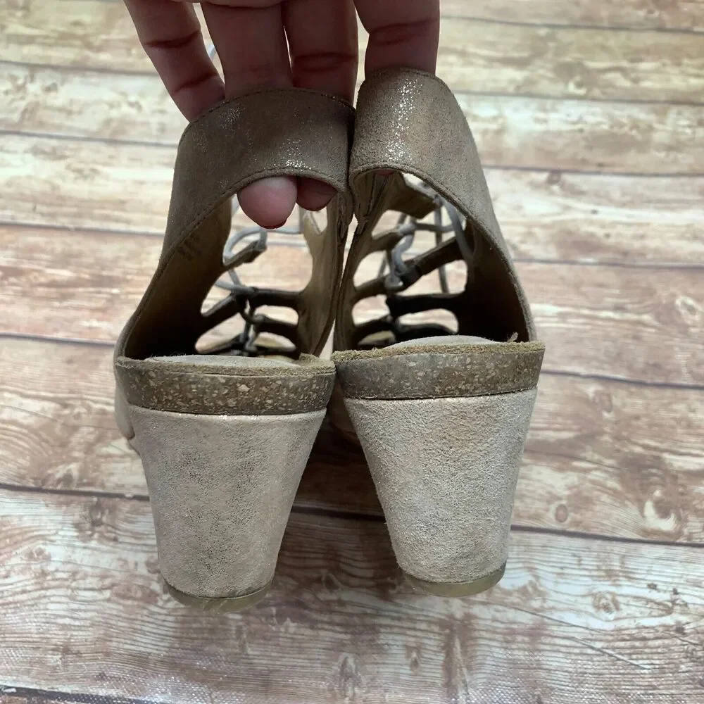 Sofft Women's Maize Sandals Tan Metallic Lace Up Open Toe Wedge Heels Leather 11
